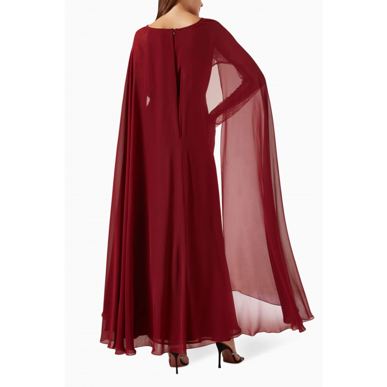 Eleganza La Mode - Cape-sleeve Maxi Dress in Chiffon & Lace Red