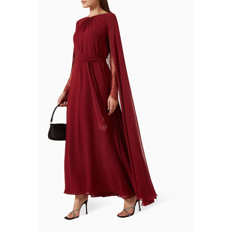Eleganza La Mode - Cape-sleeve Maxi Dress in Chiffon & Lace Red
