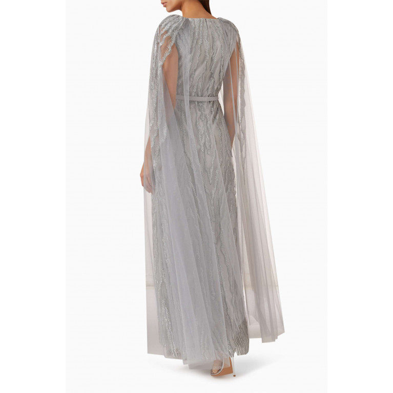 Eleganza La Mode - Beaded Maxi Dress in Tulle & Silk Silver