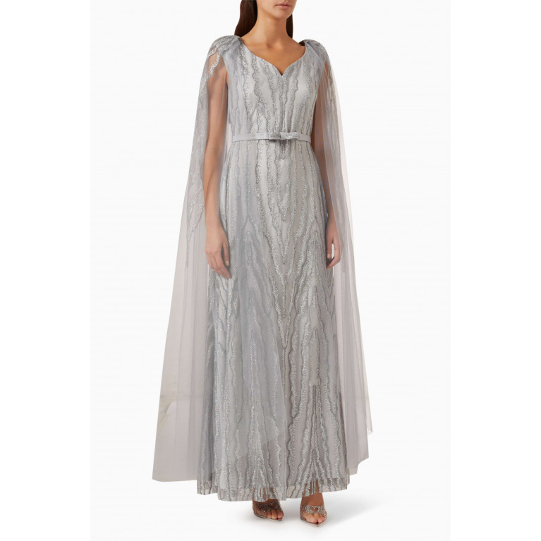 Eleganza La Mode - Beaded Maxi Dress in Tulle & Silk Silver