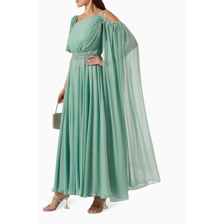Eleganza La Mode - Pleated One-shoulder Maxi Dress in Chiffon Green