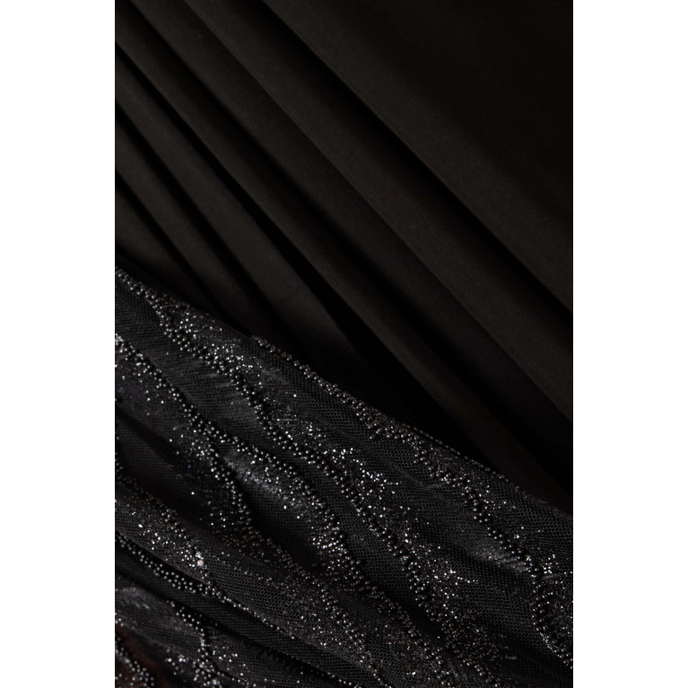Eleganza La Mode - Beaded Elongated Sleeve Maxi Dress in Silk Black