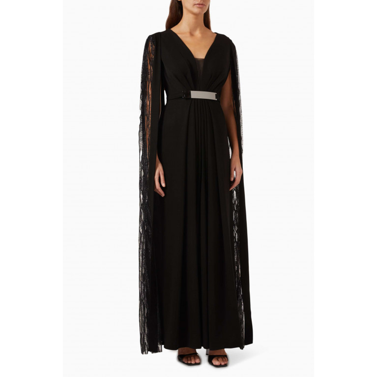 Eleganza La Mode - Beaded Elongated Sleeve Maxi Dress in Silk Black