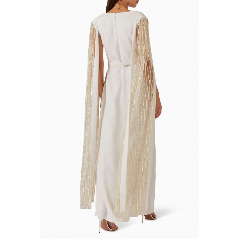 Eleganza La Mode - Beaded Elongated Sleeve Maxi Dress in Silk Neutral