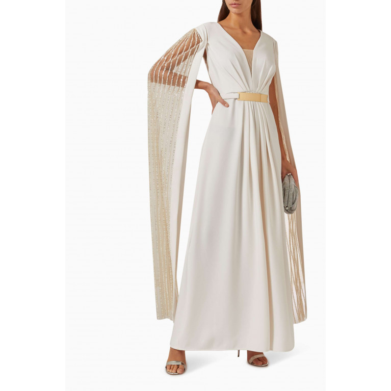 Eleganza La Mode - Beaded Elongated Sleeve Maxi Dress in Silk Neutral