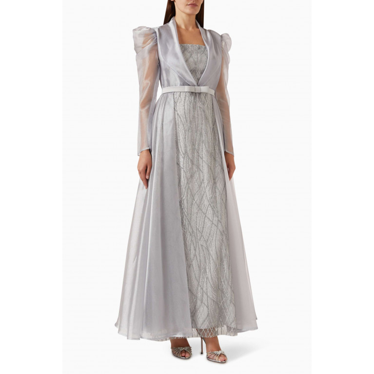 Eleganza La Mode - Bead-embellished Maxi Dress in Organza & Tulle Silver