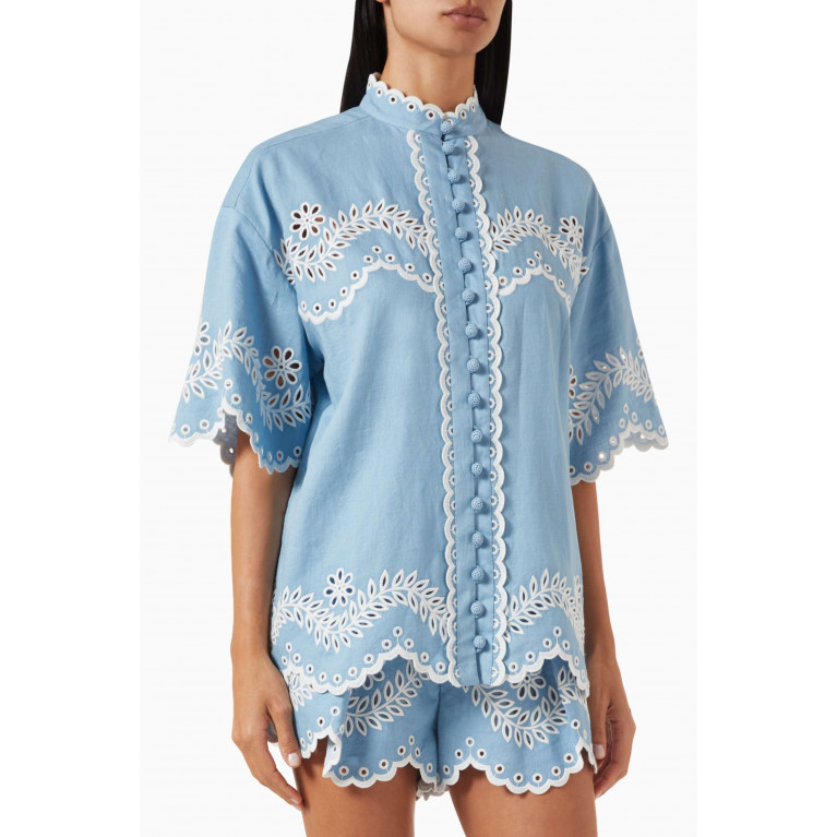 Zimmermann - Junie Embroidered Shirt in Linen Blue