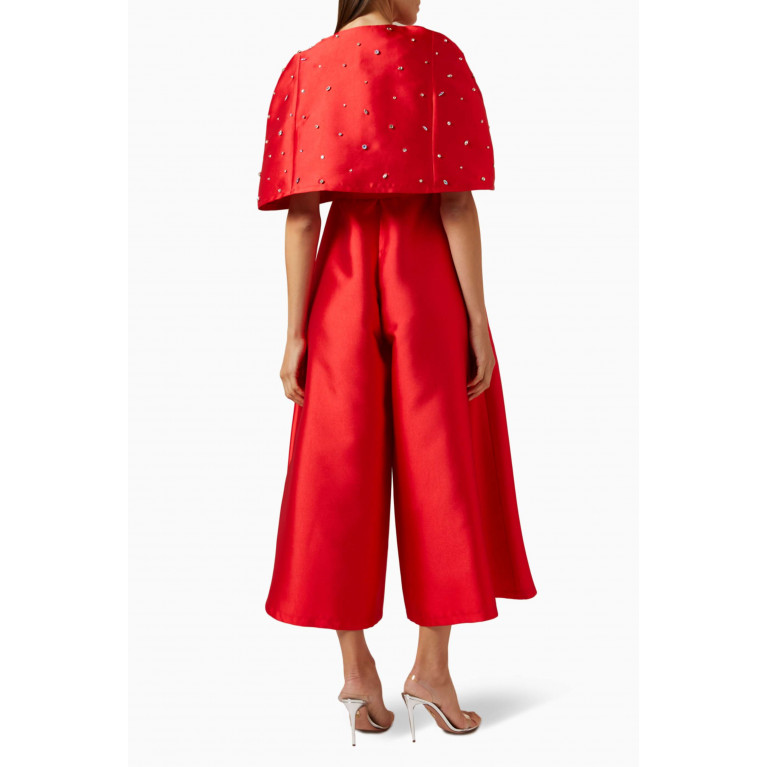 BYK by Beyanki - Crystal-embellished Jumpsuit & Cape Set in Brocade Red