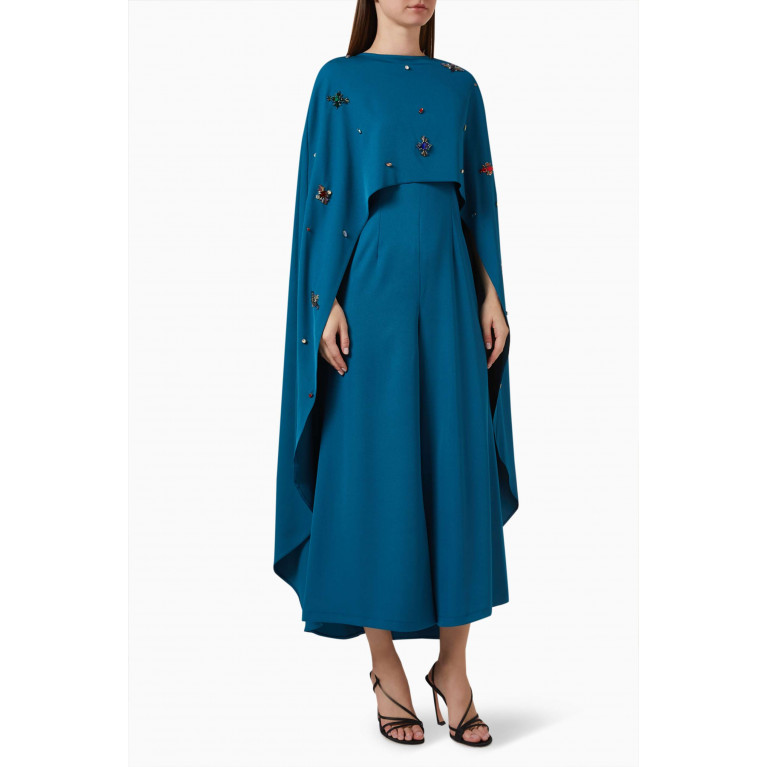 BYK by Beyanki - Embellished Cape & Jumpsuit Set in Stretch-crepe Blue