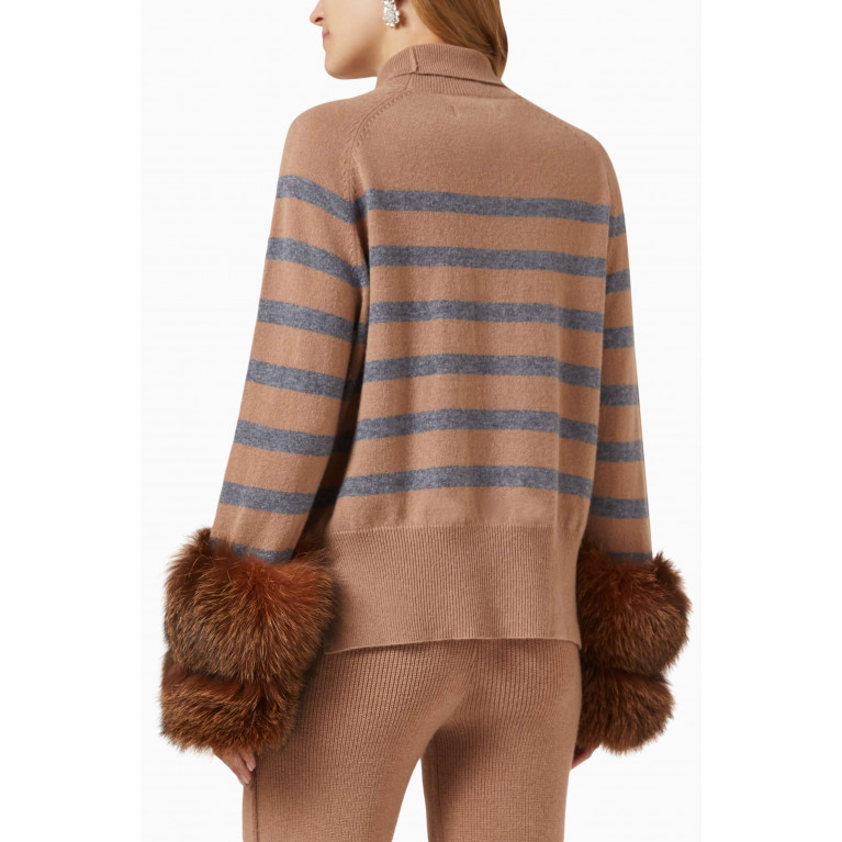 Izaak Azanei - Striped Turtleneck Sweater with Fox Fur Cuffs in Knit