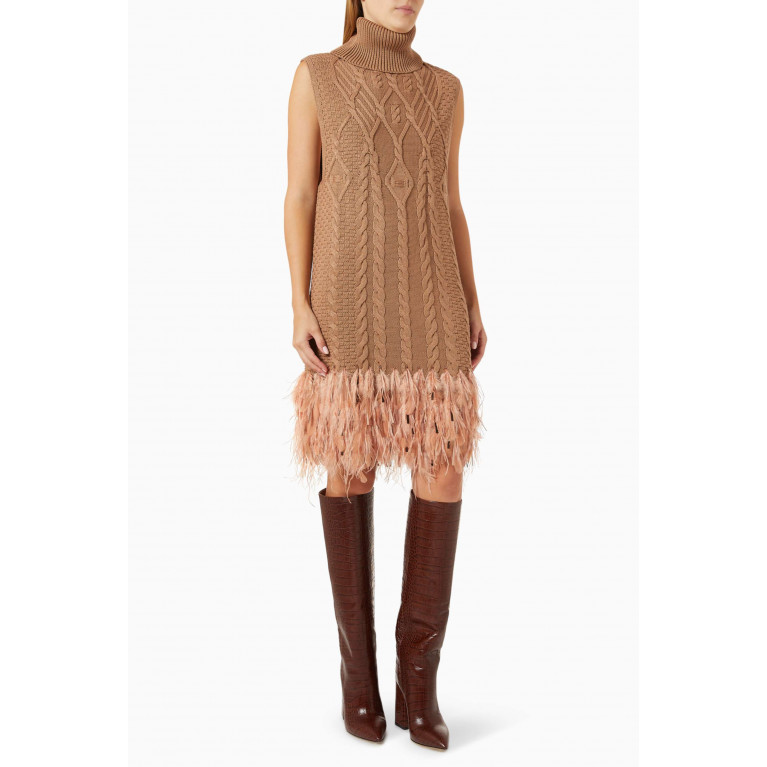 Izaak Azanei - Ostrich Feather-trim Mini Dress in Cotton-knit
