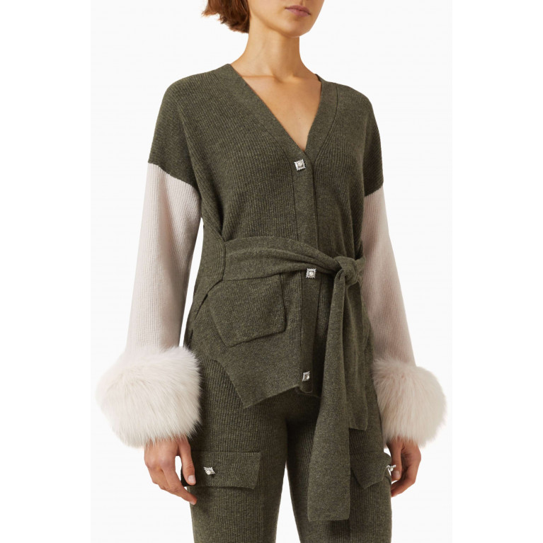 Izaak Azanei - Colour-block Belted Cardigan with Fox-fur Cuffs in Wool-cashmere Knit