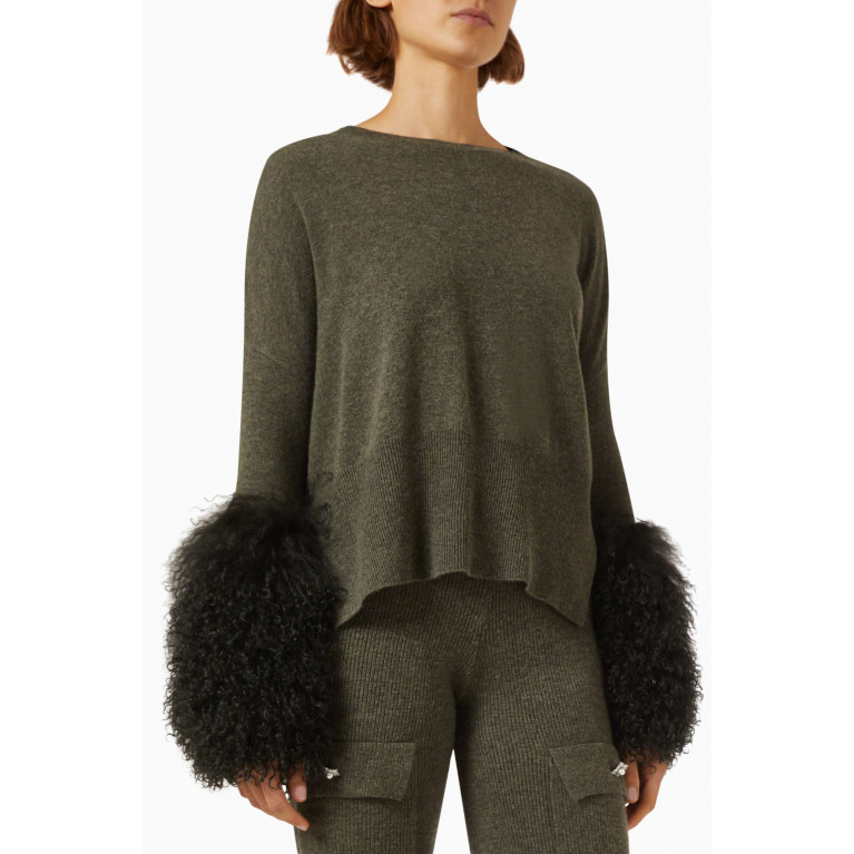 Izaak Azanei - Round-neck Sweater with Shearling Cuffs in Wool-cashmere Knit