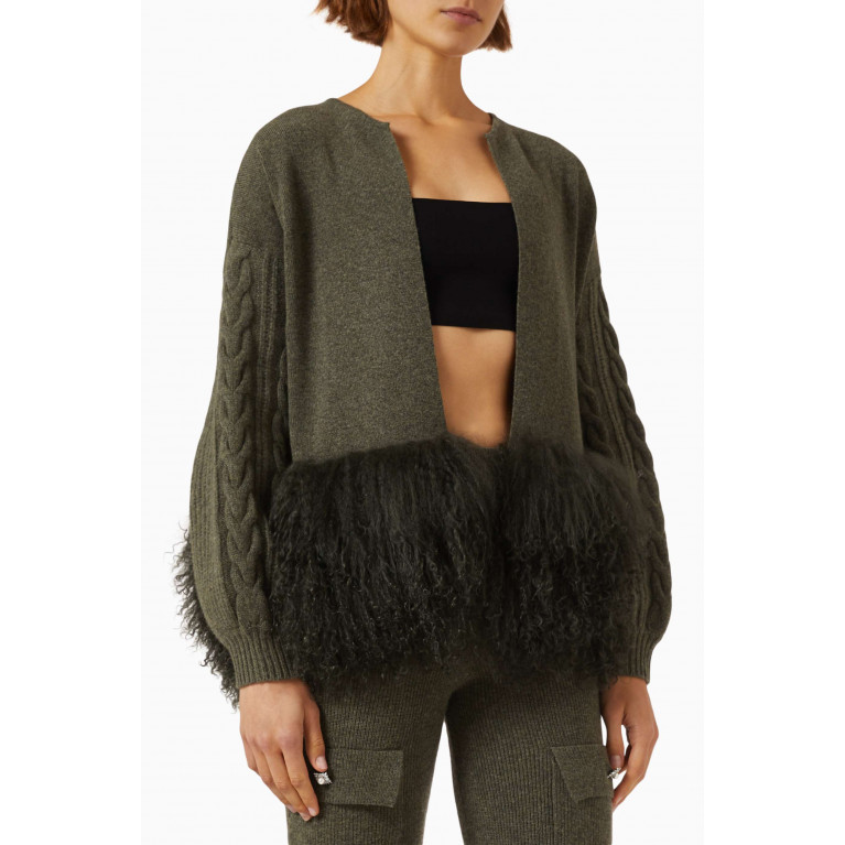 Izaak Azanei - Cropped Cable-knit Jacket with Shearling Trim in Wool-cashmere Knit