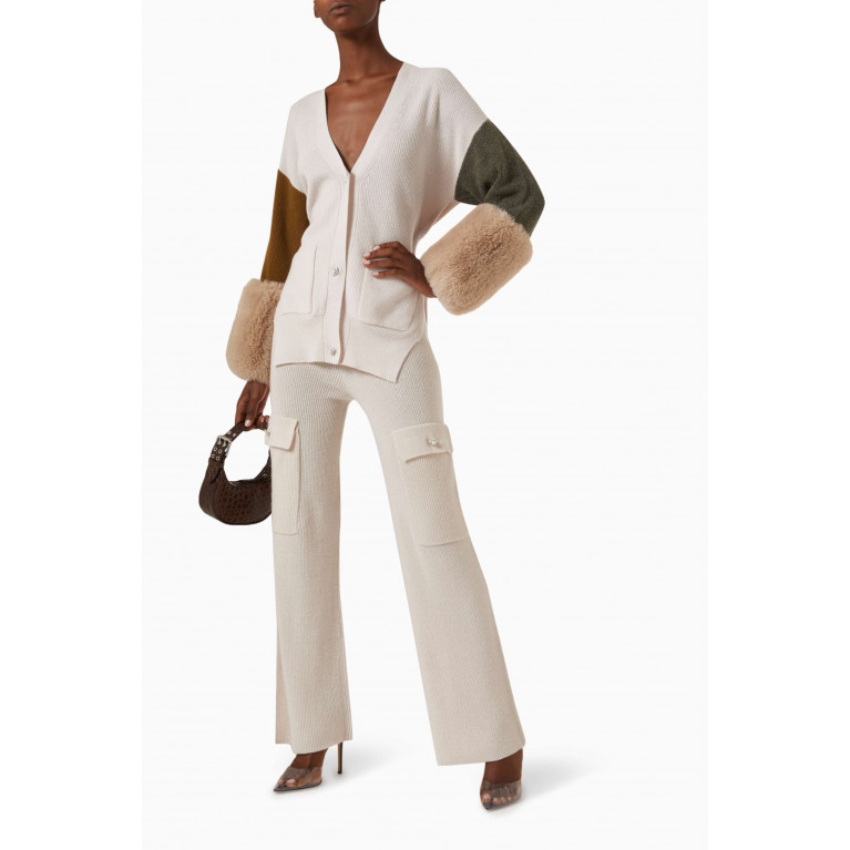 Izaak Azanei - Colour-block Belted Cardigan with Faux-fur Cuffs in Wool-cashmere Knit