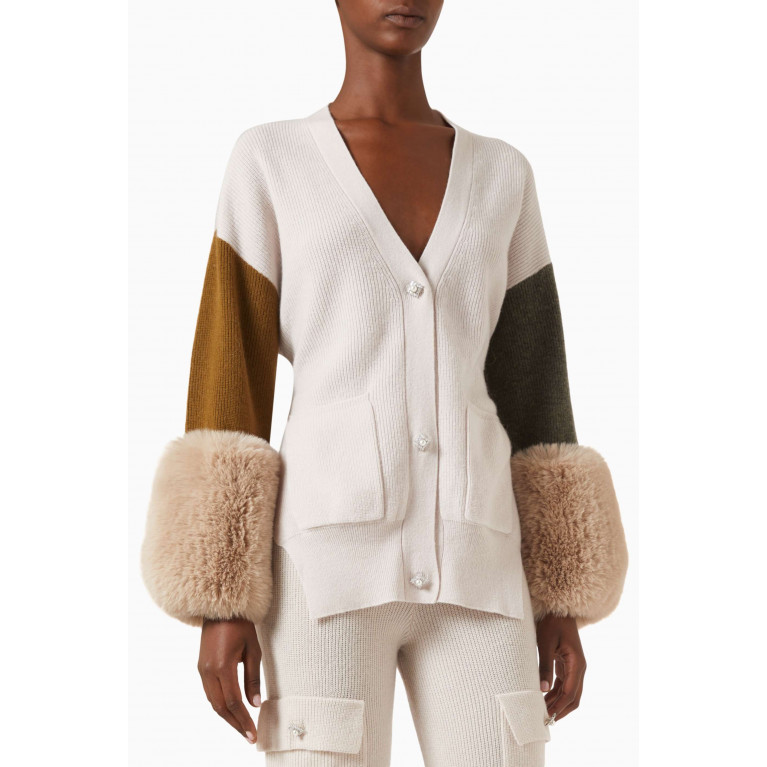 Izaak Azanei - Colour-block Belted Cardigan with Faux-fur Cuffs in Wool-cashmere Knit
