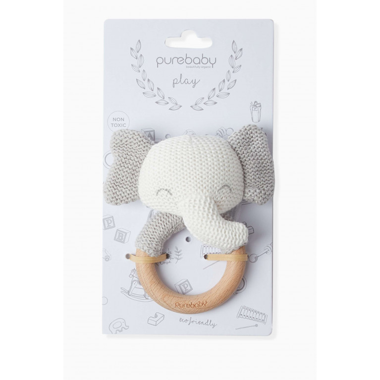 Purebaby - Elephant Rattle in Organic Cotton-knit & Beechwood