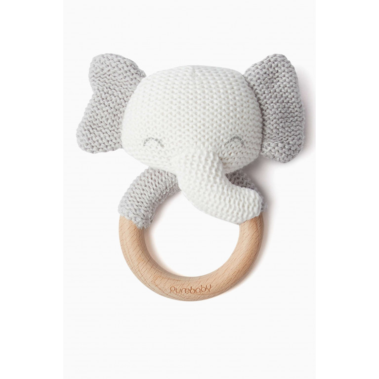 Purebaby - Elephant Rattle in Organic Cotton-knit & Beechwood