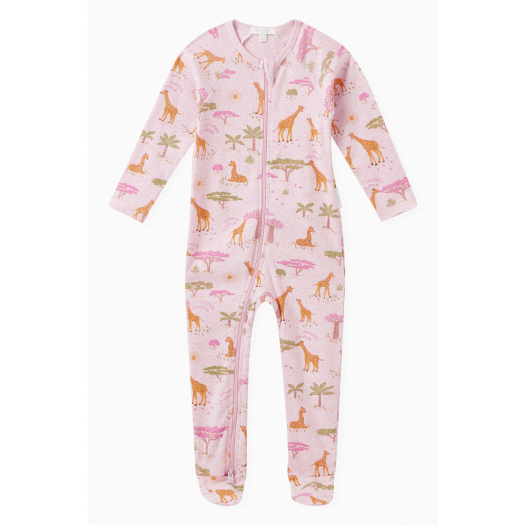 Purebaby - Giraffe-print Sleepsuit in Organic Cotton Pink