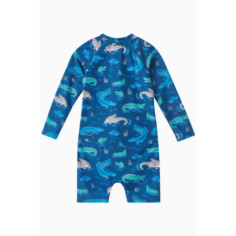 Purebaby - Crocodile-print Long-sleeve Sunsuit Blue