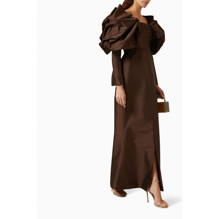 Euphoria - Puffed-sleeves Maxi Dress in Satin