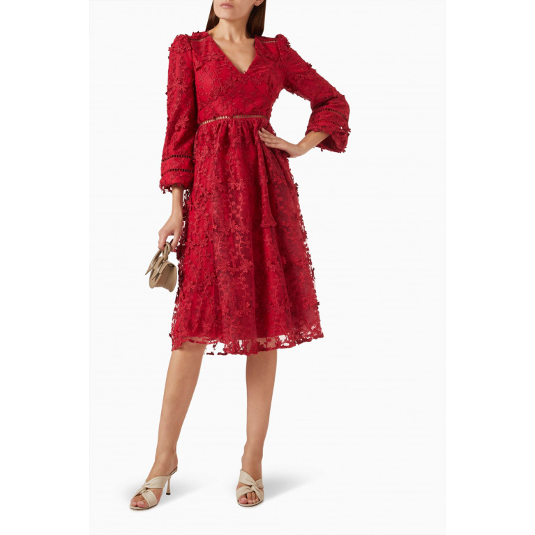 Maya - 3D Floral Embroidered Midi Dress in Polyester Red