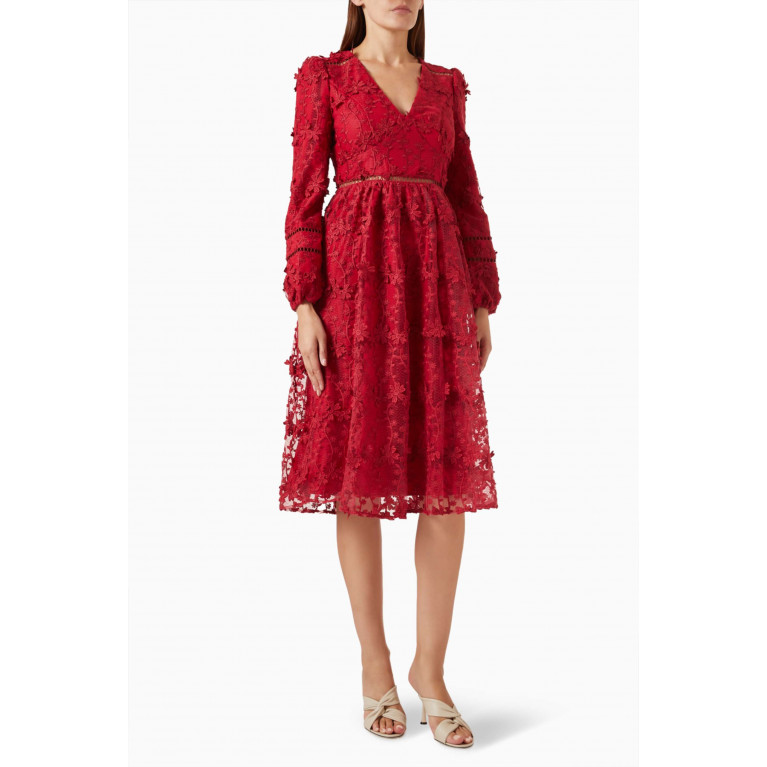 Maya - 3D Floral Embroidered Midi Dress in Polyester Red