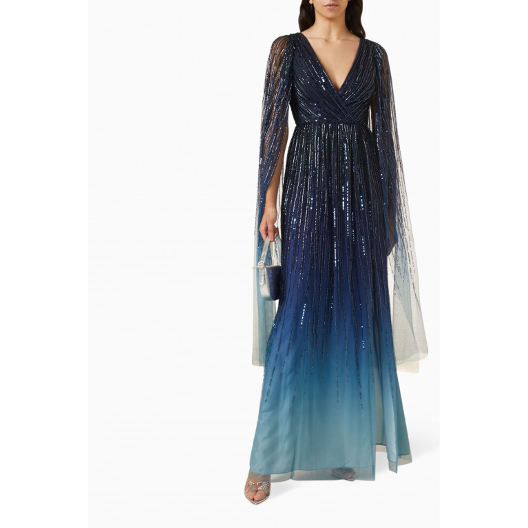 Marchesa Notte - Ombre Beaded Gown in Polyester Blue