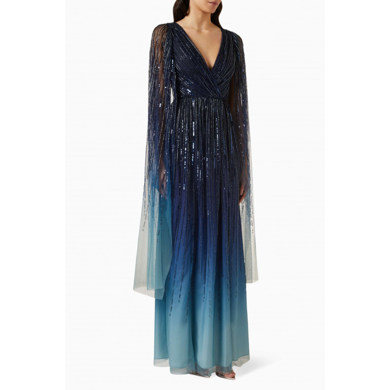 Marchesa Notte - Ombre Beaded Gown in Polyester Blue