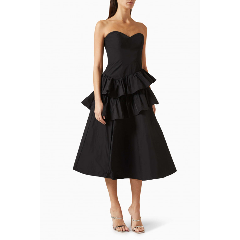 Marchesa Notte - Ruffled Midi Dress in Taffeta Black