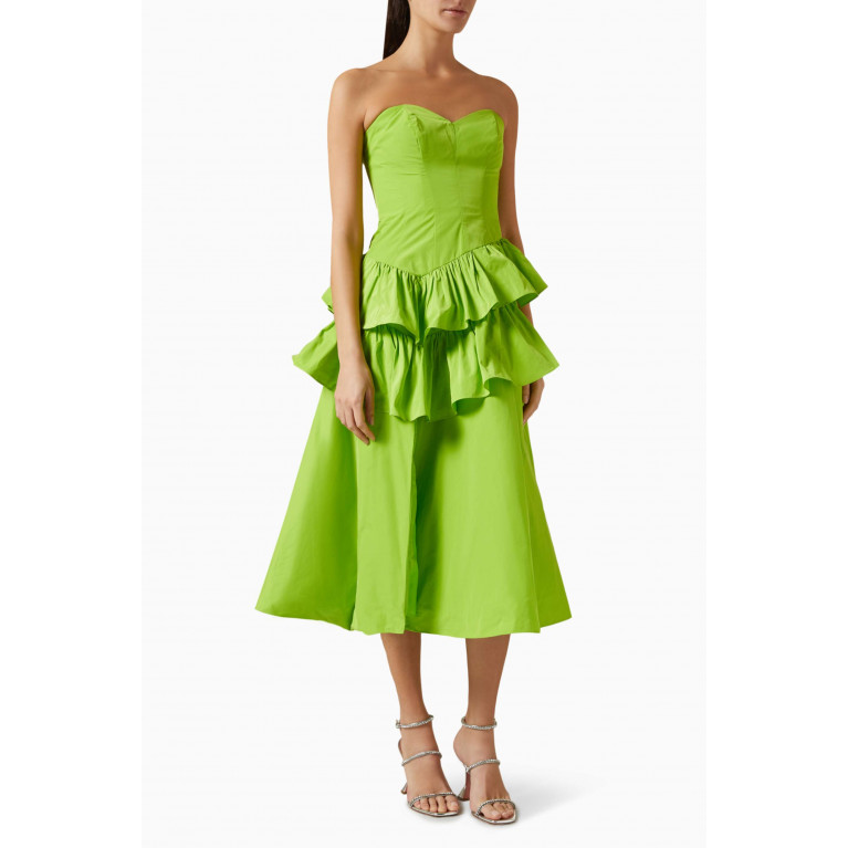 Marchesa Notte - Ruffled Midi Dress in Taffeta Green