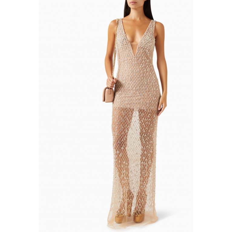 Elisabetta Franchi - Diamond-embroidered Maxi Dress in Tulle Neutral