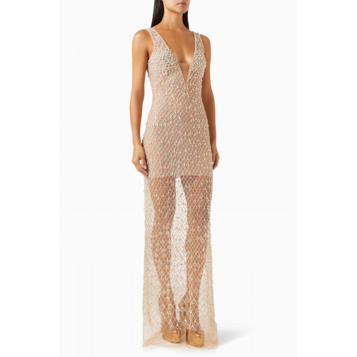 Elisabetta Franchi - Diamond-embroidered Maxi Dress in Tulle Neutral