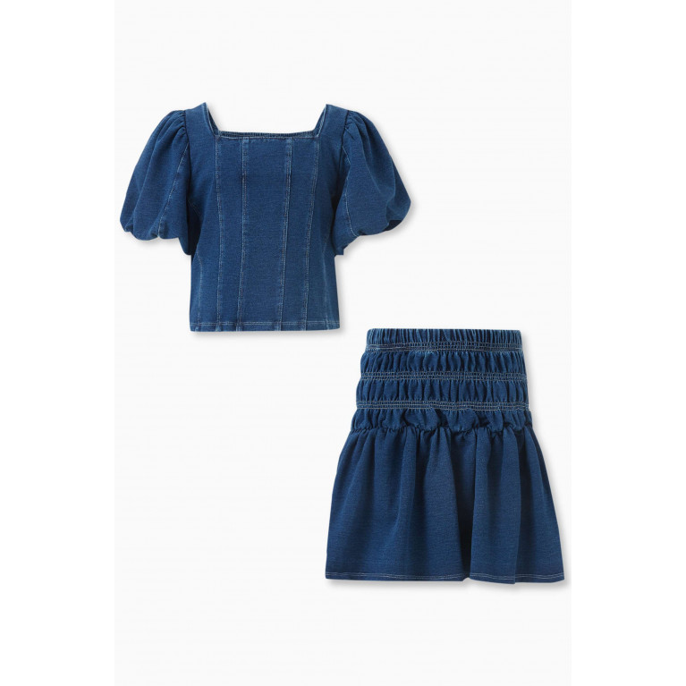 Habitual - Bubble-sleeve Top & Skirt Set in Denim