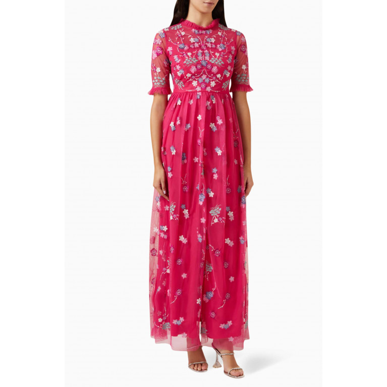 Frock&Frill - Floral Sequin Embroidered Maxi Dress Pink
