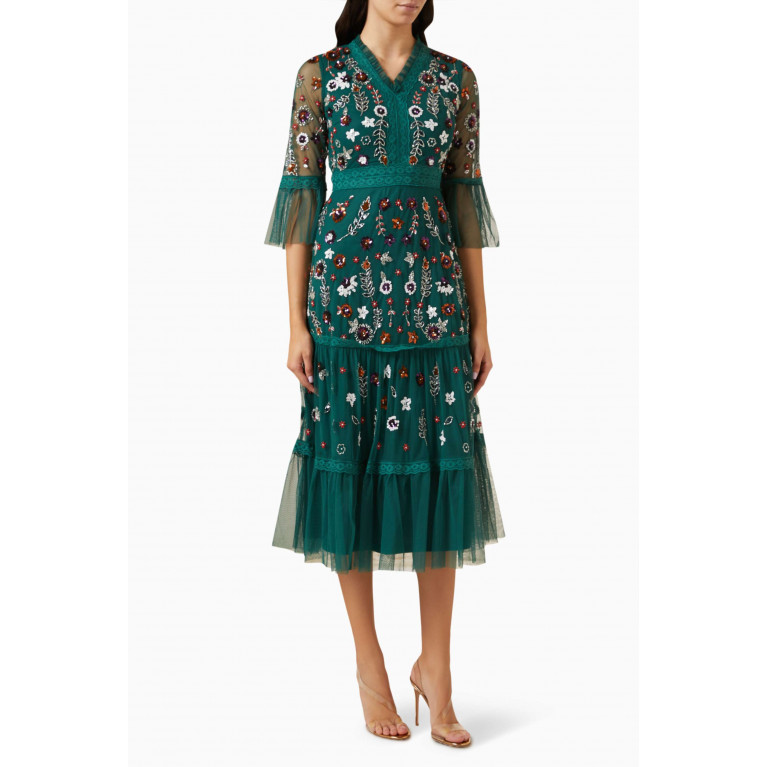 Frock&Frill - Floral Sequin Embellished Midi Dress Green
