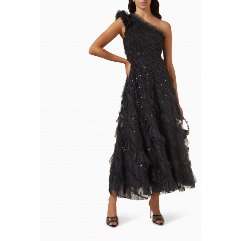 Needle & Thread - Spiral Sequin One-shoulder Ankle Gown in Tulle Black