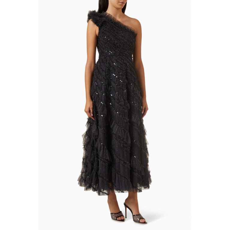 Needle & Thread - Spiral Sequin One-shoulder Ankle Gown in Tulle Black