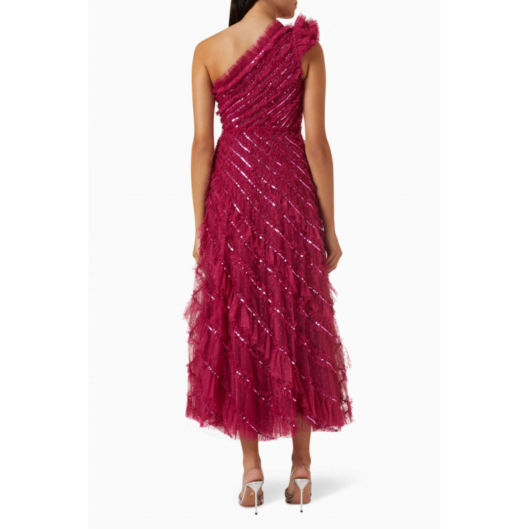 Needle & Thread - Spiral Sequin One-shoulder Ankle Gown in Tulle Pink