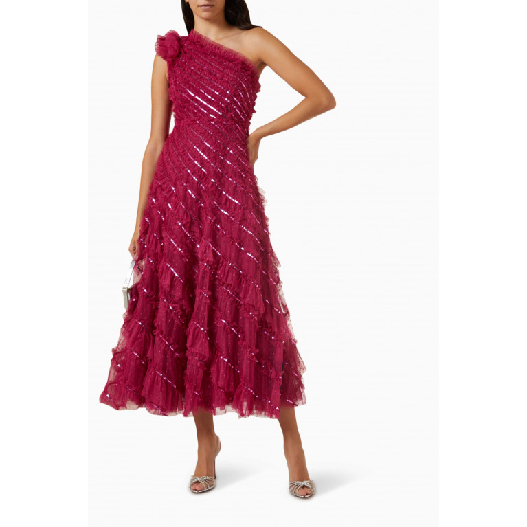 Needle & Thread - Spiral Sequin One-shoulder Ankle Gown in Tulle Pink