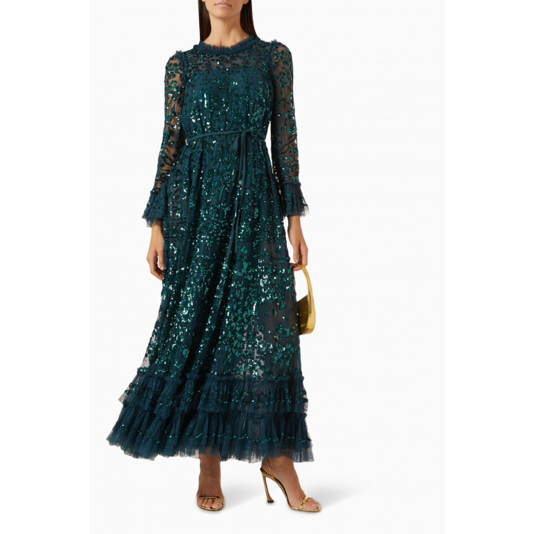Needle & Thread - Celia Long-sleeve Ankle Gown in Tulle Green