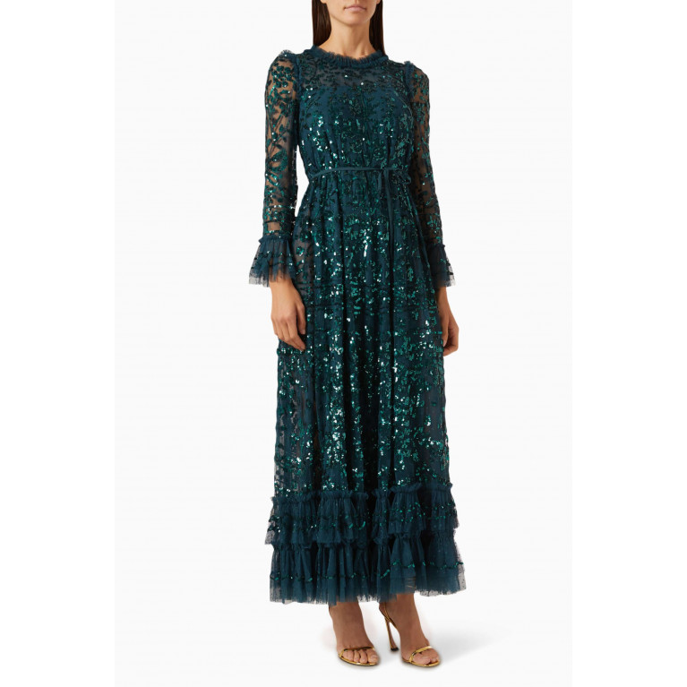 Needle & Thread - Celia Long-sleeve Ankle Gown in Tulle Green