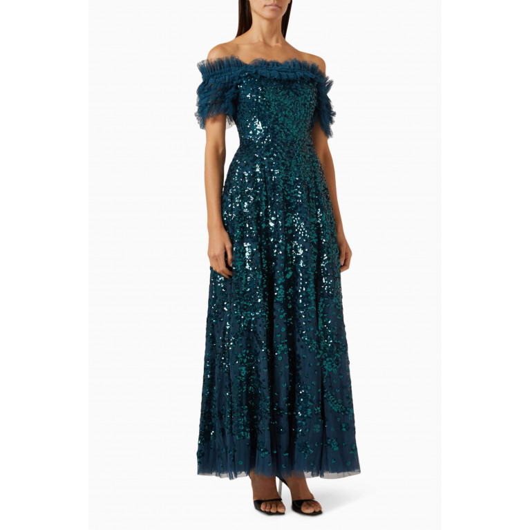 Needle & Thread - Sequin Wreath Off-the-shoulders Gown in Recycled Tulle Blue