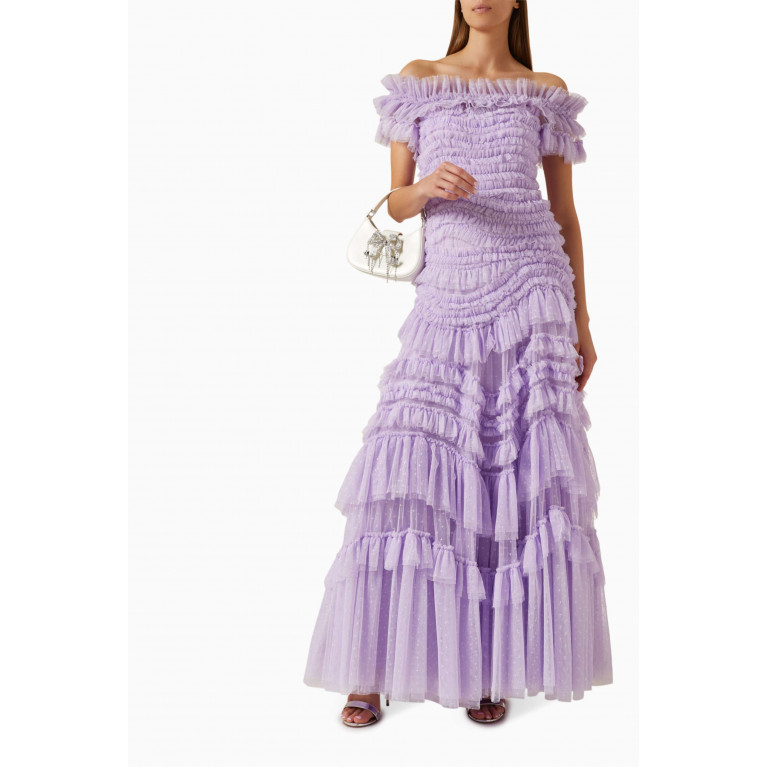 Needle & Thread - Off-shoulder Ruffled Gown in Tulle Purple