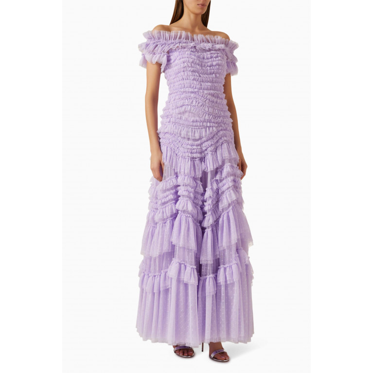 Needle & Thread - Off-shoulder Ruffled Gown in Tulle Purple