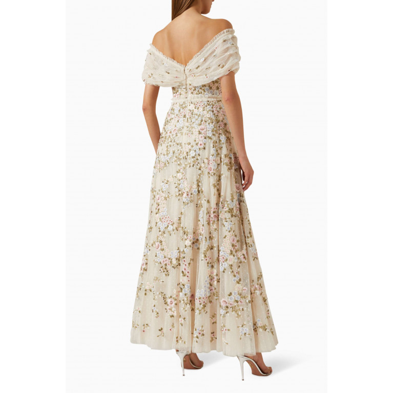 Needle & Thread - Lunaria Wreath Off-Shoulder Gown in Tulle Neutral