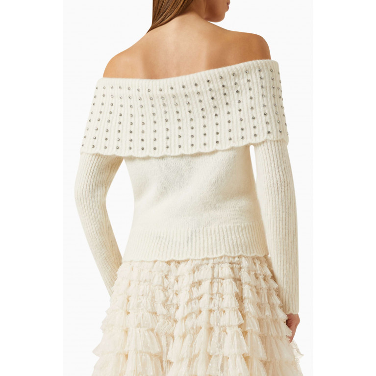 Needle & Thread - Embellished Bardot Sweater in Knit Neutral