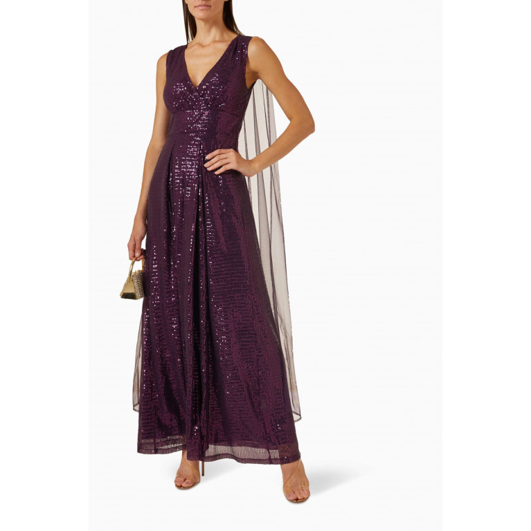 NASS - Cape-sleeve Maxi Dress in Sequin Purple