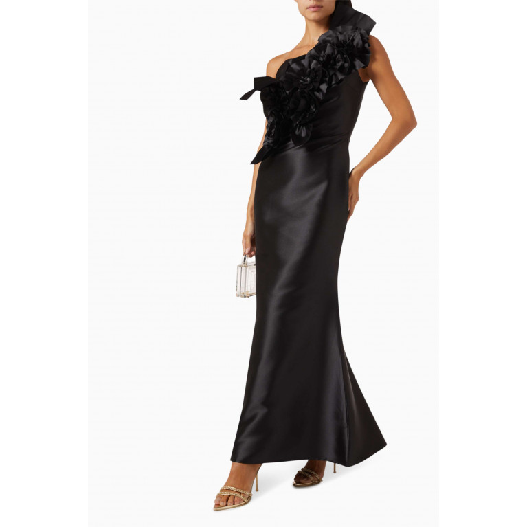 NASS - 3D Floral Applique Maxi Dress in Satin Black