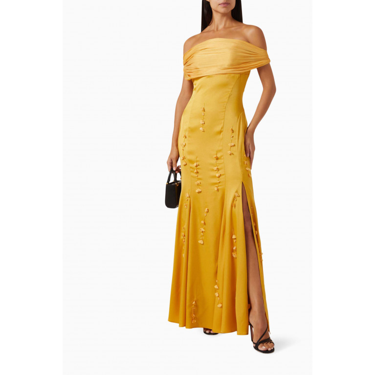 NASS - Draped Off-shoulder Maxi Dress in Satin Yellow
